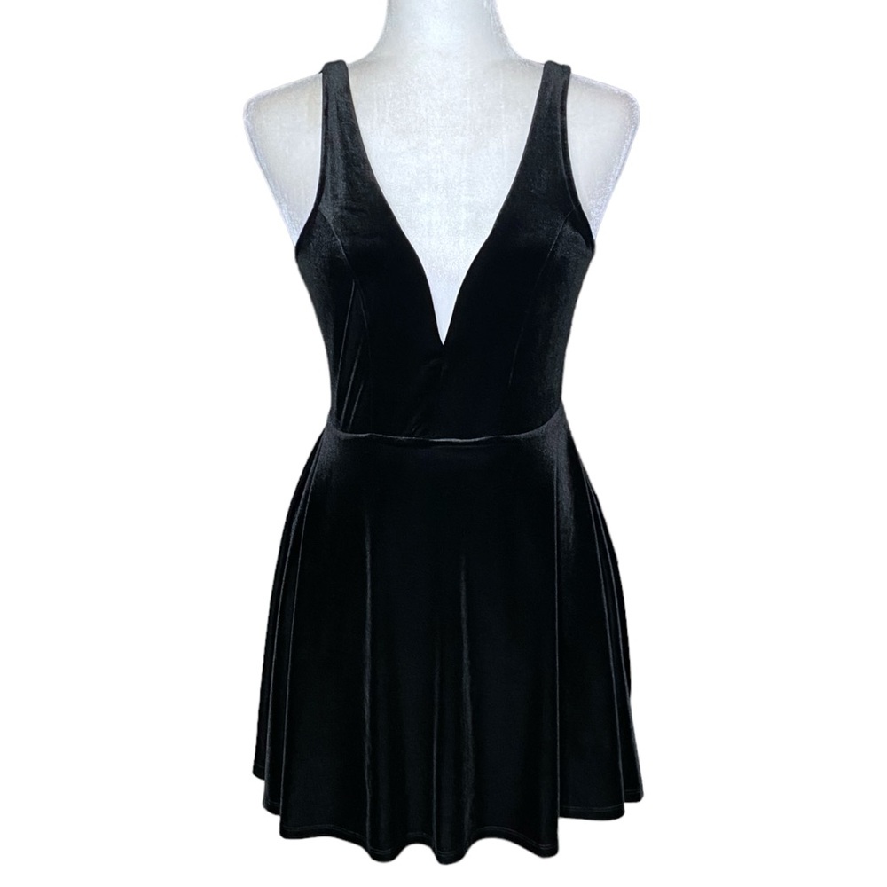 Express Velvet Mini Dress Black Fit Flare Deep V Neck Sleeveless